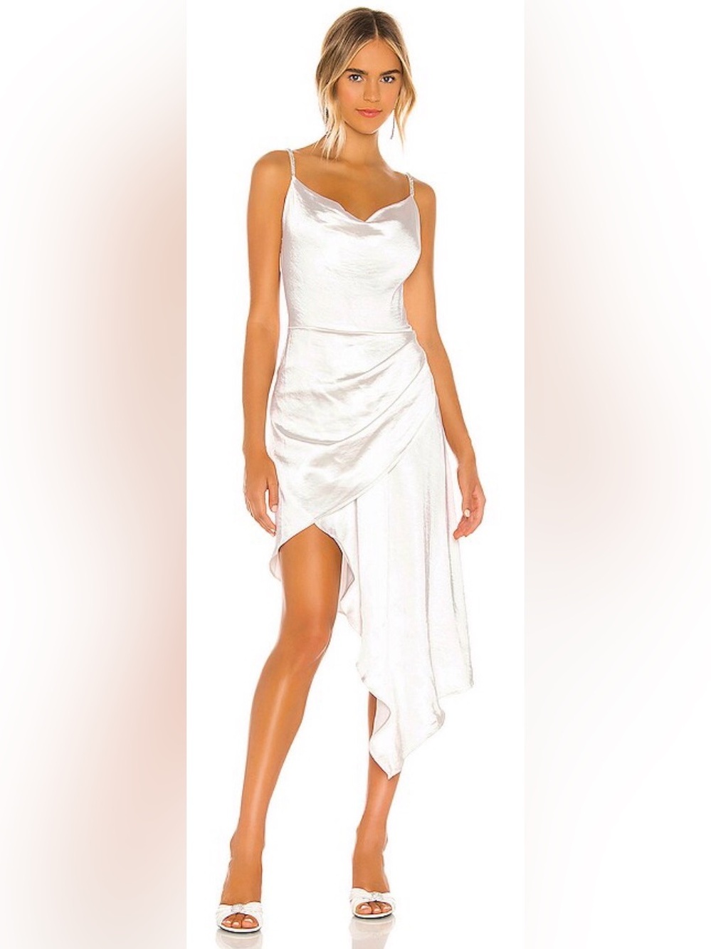 Elliatt x Revolve Jacinda White Satin Asymmetrical Draped Slip Dress Size Large